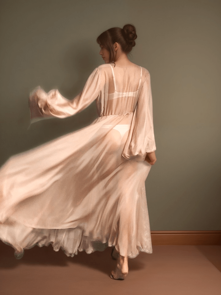 Unique Silky Shiny Crinkle Chiffon long Lingerie Robe dress - Luzilly Bridal & Apparel