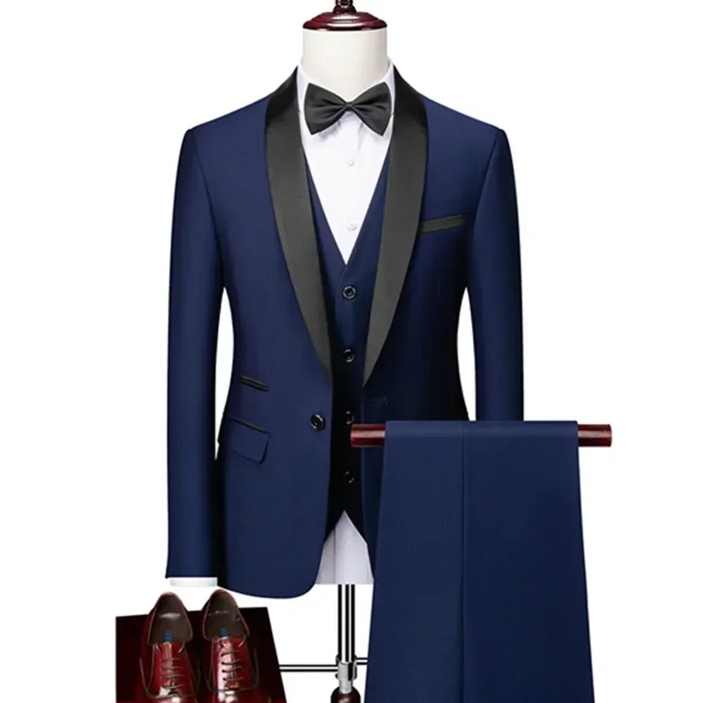 US Size Men Lapel Black Collar 3 Pcs Suit Set Coat Vest Trousers / Business Groom Wedding Dress Fprmal Blazer Pants Waistcoat - Luzilly Bridal & Apparel