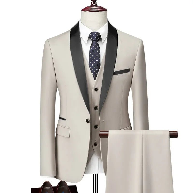 US Size Men Lapel Black Collar 3 Pcs Suit Set Coat Vest Trousers / Business Groom Wedding Dress Fprmal Blazer Pants Waistcoat - Luzilly Bridal & Apparel