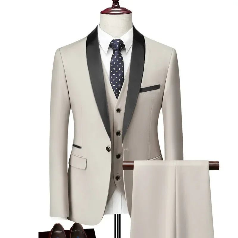 US Size Men Lapel Black Collar 3 Pcs Suit Set Coat Vest Trousers / Business Groom Wedding Dress Fprmal Blazer Pants Waistcoat - Luzilly Bridal & Apparel