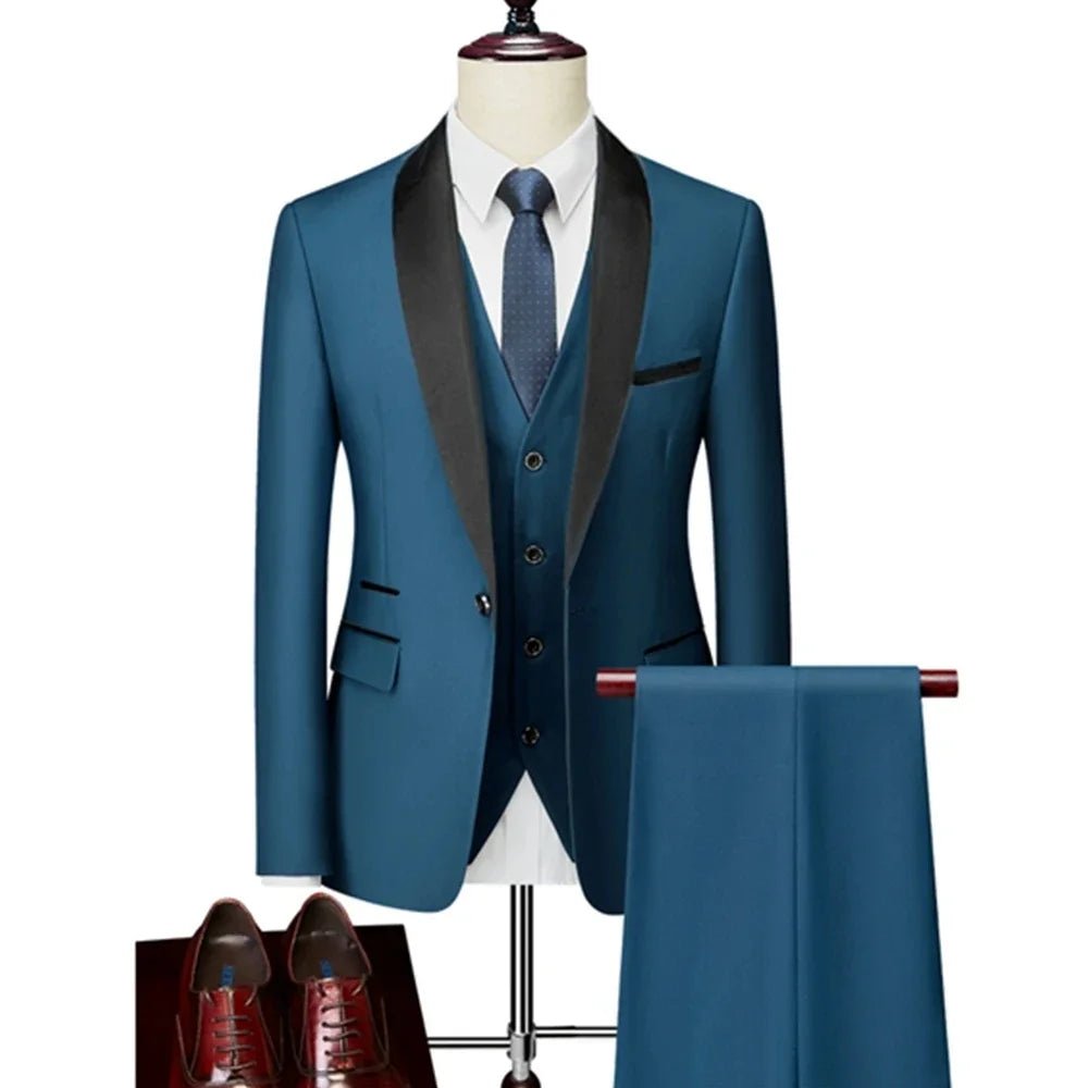 US Size Men Lapel Black Collar 3 Pcs Suit Set Coat Vest Trousers / Business Groom Wedding Dress Fprmal Blazer Pants Waistcoat - Luzilly Bridal & Apparel