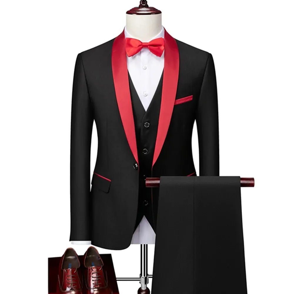 US Size Men Lapel Black Collar 3 Pcs Suit Set Coat Vest Trousers / Business Groom Wedding Dress Fprmal Blazer Pants Waistcoat - Luzilly Bridal & Apparel