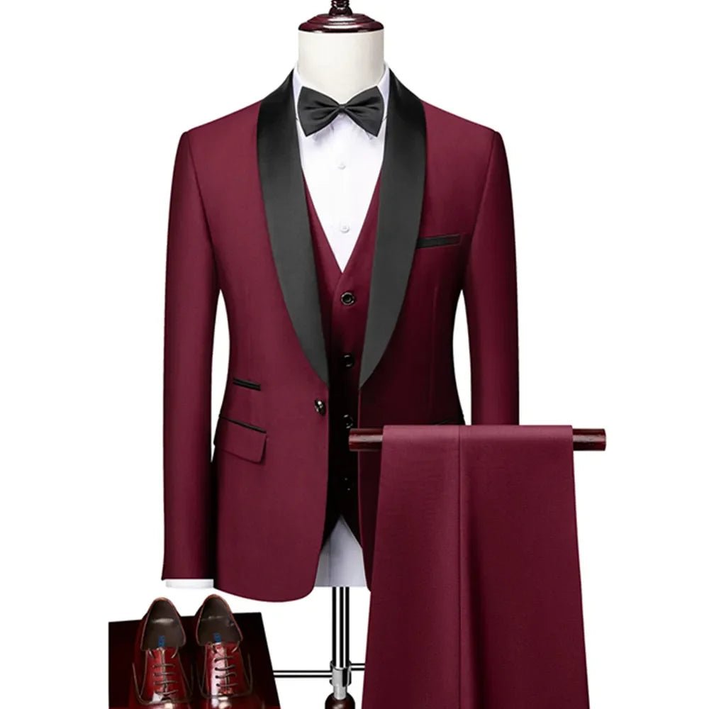 US Size Men Lapel Black Collar 3 Pcs Suit Set Coat Vest Trousers / Business Groom Wedding Dress Fprmal Blazer Pants Waistcoat - Luzilly Bridal & Apparel