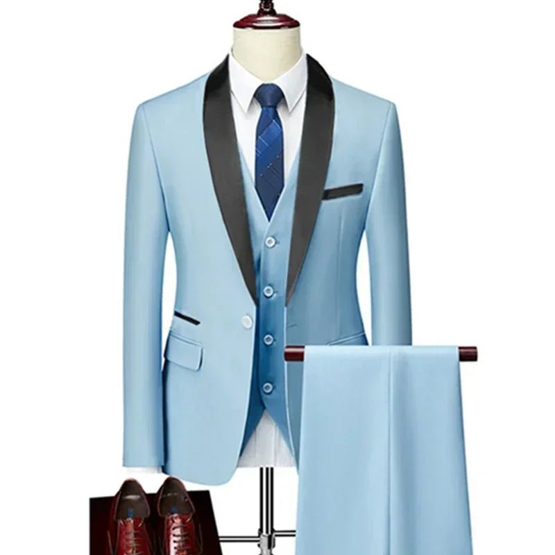 US Size Men Lapel Black Collar 3 Pcs Suit Set Coat Vest Trousers / Business Groom Wedding Dress Fprmal Blazer Pants Waistcoat - Luzilly Bridal & Apparel