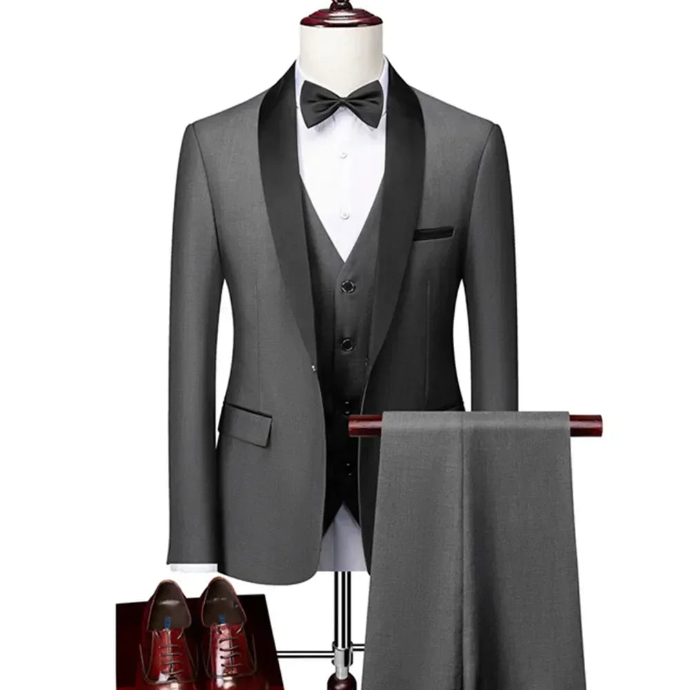 US Size Men Lapel Black Collar 3 Pcs Suit Set Coat Vest Trousers / Business Groom Wedding Dress Fprmal Blazer Pants Waistcoat - Luzilly Bridal & Apparel