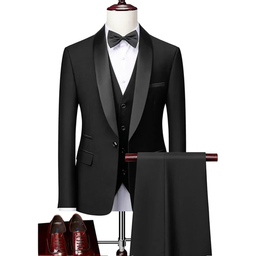 US Size Men Lapel Black Collar 3 Pcs Suit Set Coat Vest Trousers / Business Groom Wedding Dress Fprmal Blazer Pants Waistcoat - Luzilly Bridal & Apparel