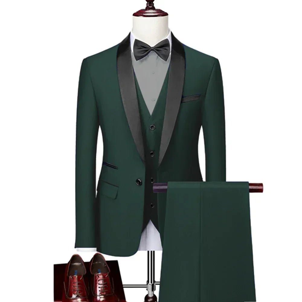 US Size Men Lapel Black Collar 3 Pcs Suit Set Coat Vest Trousers / Business Groom Wedding Dress Fprmal Blazer Pants Waistcoat - Luzilly Bridal & Apparel