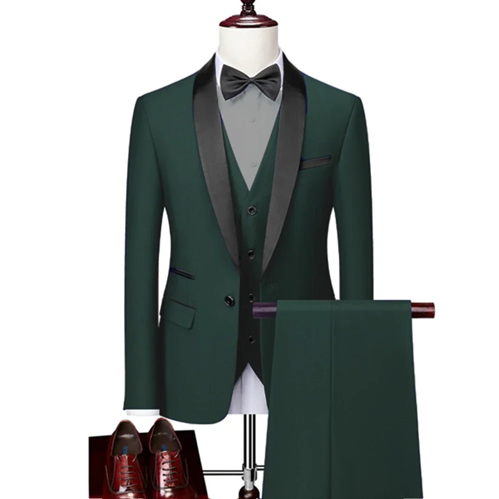 US Size Men Lapel Black Collar 3 Pcs Suit Set Coat Vest Trousers / Business Groom Wedding Dress Fprmal Blazer Pants Waistcoat - Luzilly Bridal & Apparel