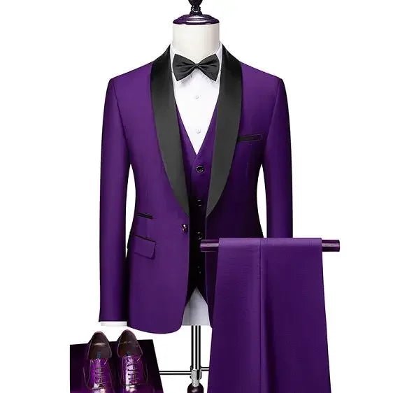 US Size Men Lapel Black Collar 3 Pcs Suit Set Coat Vest Trousers / Business Groom Wedding Dress Fprmal Blazer Pants Waistcoat - Luzilly Bridal & Apparel