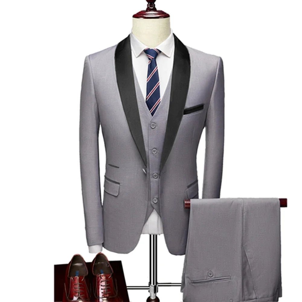 US Size Men Lapel Black Collar 3 Pcs Suit Set Coat Vest Trousers / Business Groom Wedding Dress Fprmal Blazer Pants Waistcoat - Luzilly Bridal & Apparel