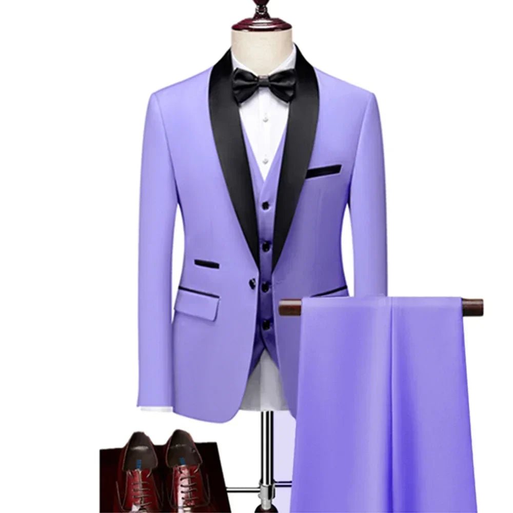 US Size Men Lapel Black Collar 3 Pcs Suit Set Coat Vest Trousers / Business Groom Wedding Dress Fprmal Blazer Pants Waistcoat - Luzilly Bridal & Apparel