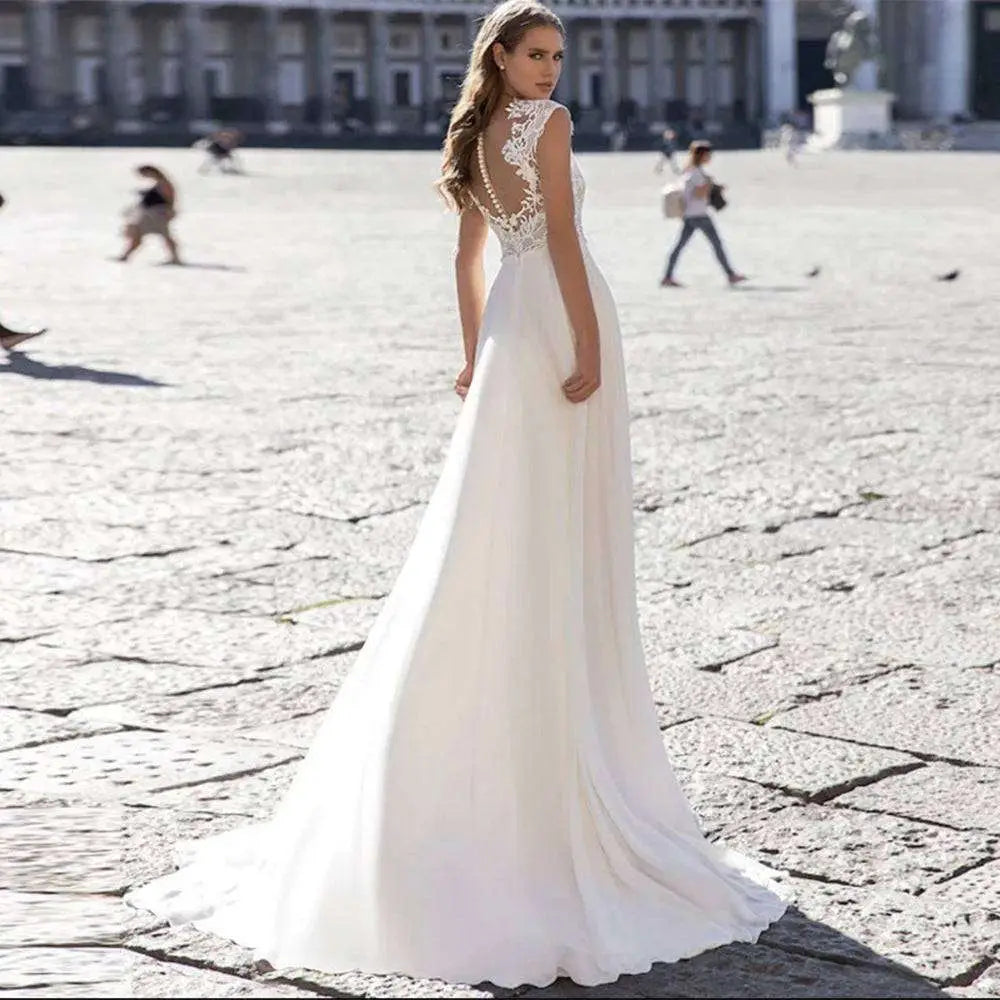 V-Neck Chiffon Wedding Dress with Lace Sleeves