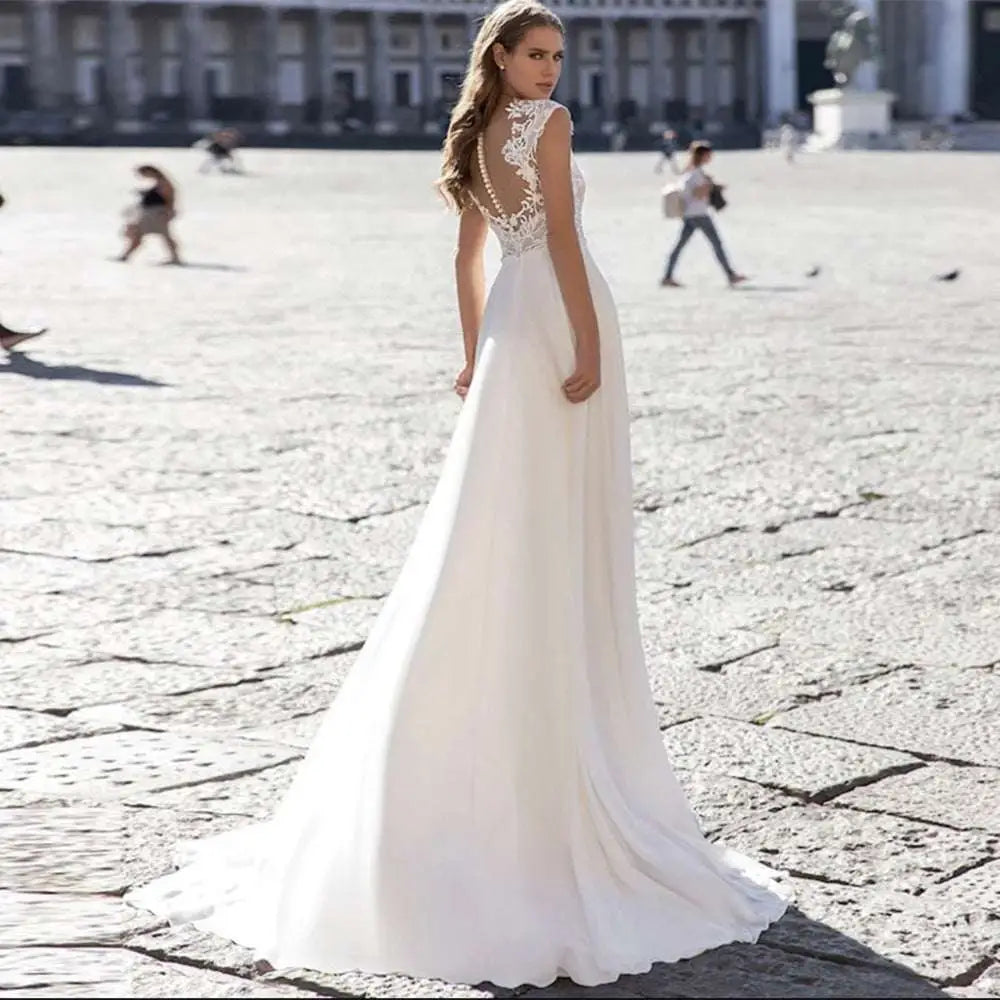 V-Neck Chiffon Wedding Dress with Lace Sleeves