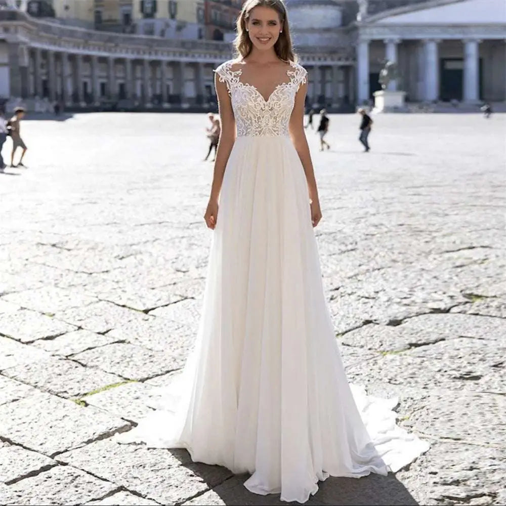 V-Neck Chiffon Wedding Dress with Lace Sleeves