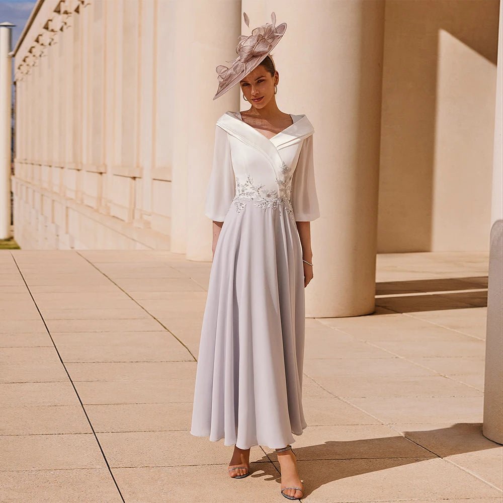 V-Neck Appliqué Ankle-Length A-Line Mother of the Bride Dress - Luzilly Bridal & Apparel