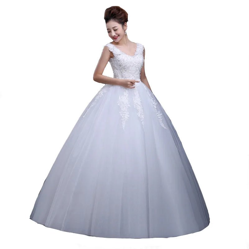 V-Neck Beaded 3D Floral Lace Wedding Gown with Lace-Up Back - Luzilly Bridal & Apparel