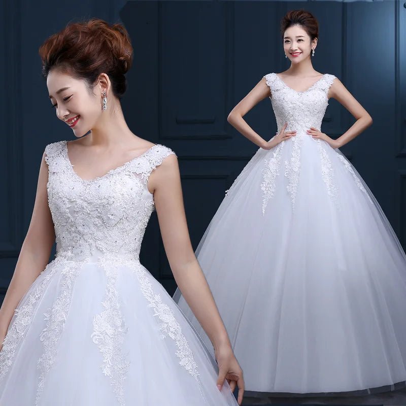 V-Neck Beaded 3D Floral Lace Wedding Gown with Lace-Up Back - Luzilly Bridal & Apparel
