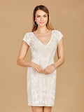V-Neck Beaded Bridal Mini with Cap Sleeves - Luzilly Bridal & Apparel