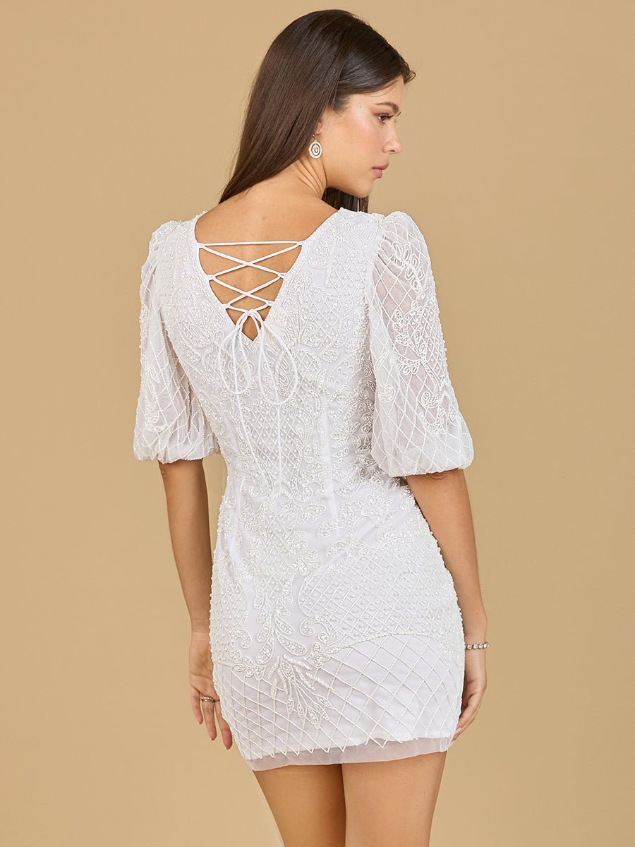V-Neck Beaded Bridal Short with Sleeves - Luzilly Bridal & Apparel