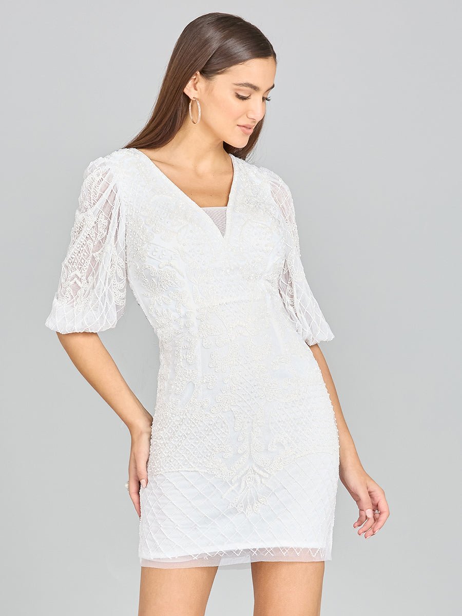 V-Neck Beaded Bridal Short with Sleeves - Luzilly Bridal & Apparel