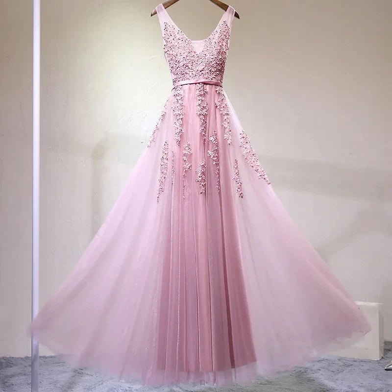V-Neck Beaded Tulle Backless Bridesmaid Dress - Luzilly Bridal & Apparel