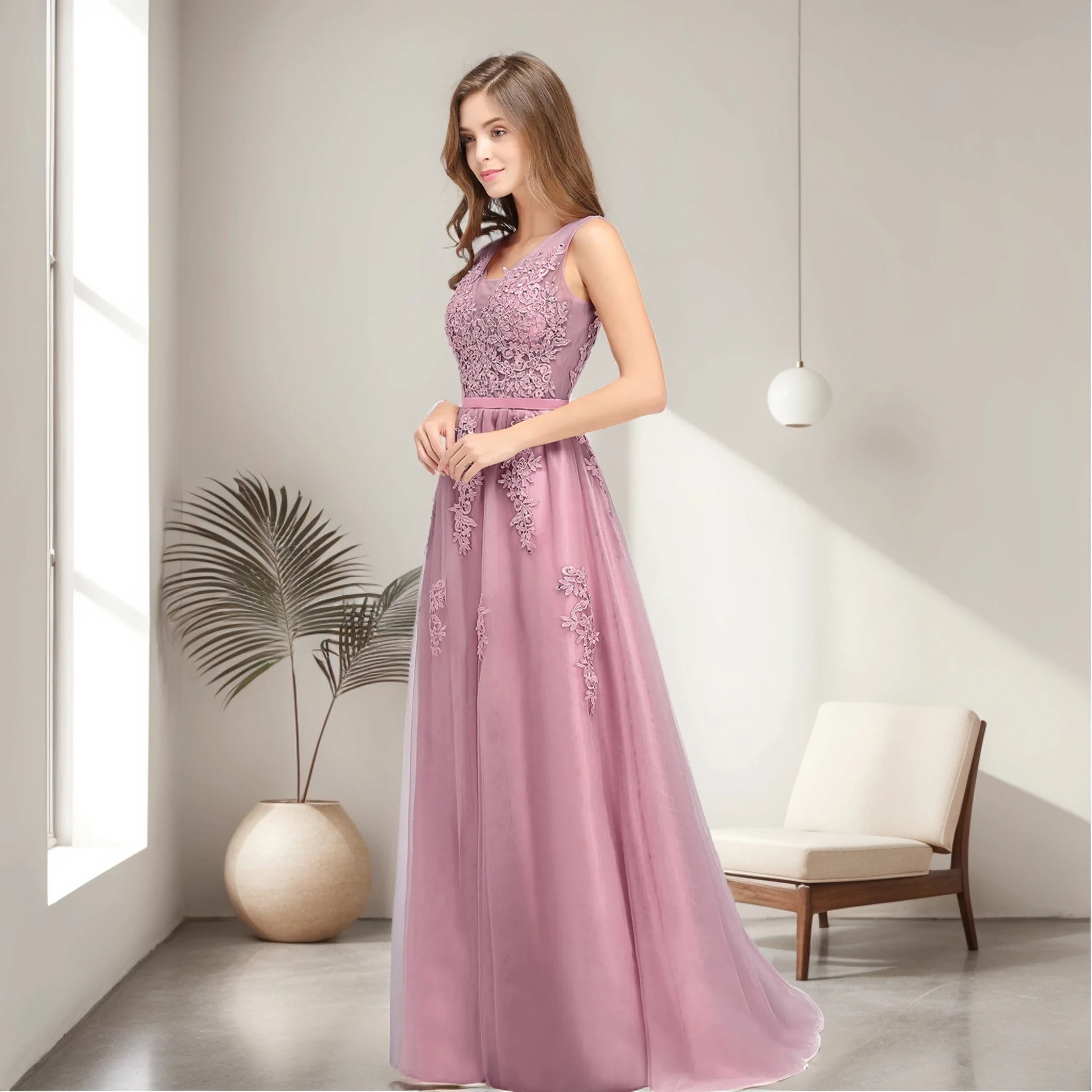 V-Neck Beaded Tulle Backless Bridesmaid Dress - Luzilly Bridal & Apparel