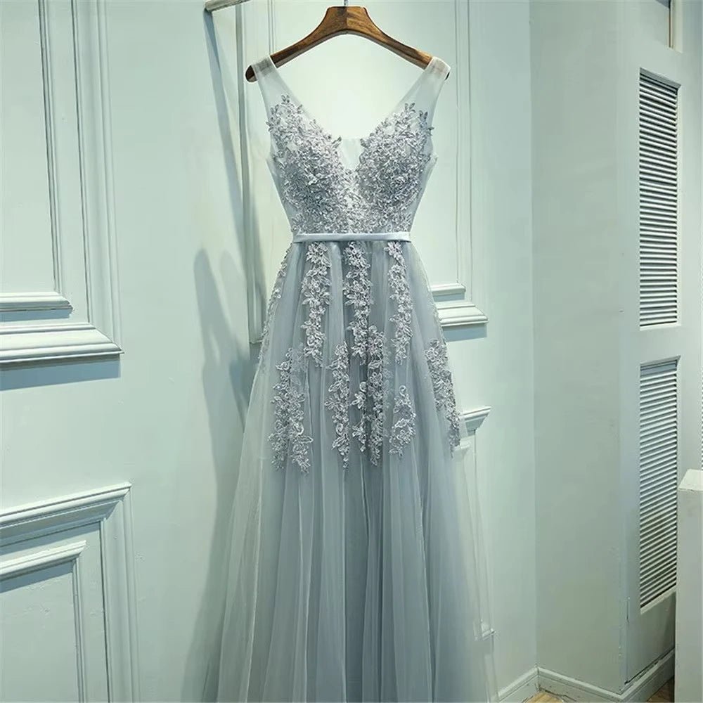 V-Neck Beaded Tulle Backless Bridesmaid Dress - Luzilly Bridal & Apparel