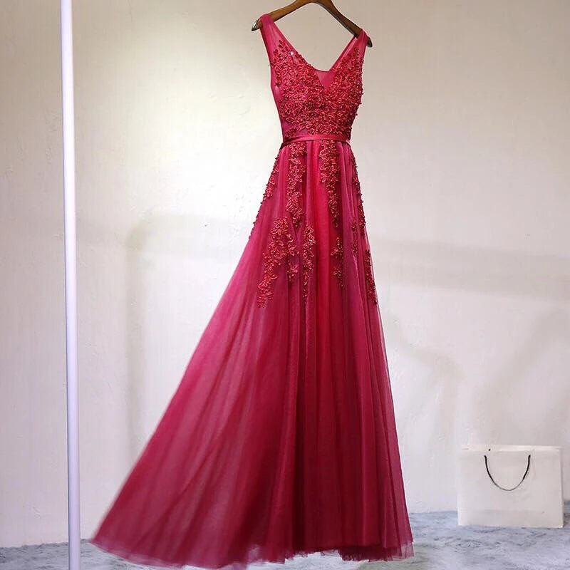 V-Neck Beaded Tulle Backless Bridesmaid Dress - Luzilly Bridal & Apparel