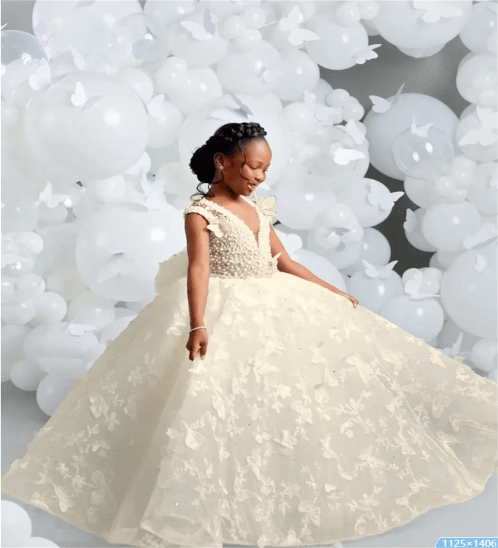 V-Neck Butterfly Pearl Flower Girl Dress - Luzilly Bridal & Apparel