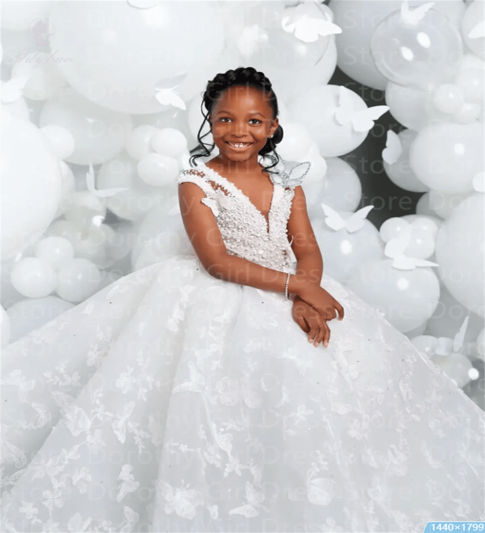 V-Neck Butterfly Pearl Flower Girl Dress - Luzilly Bridal & Apparel