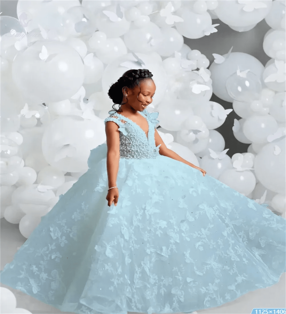 V-Neck Butterfly Pearl Flower Girl Dress - Luzilly Bridal & Apparel