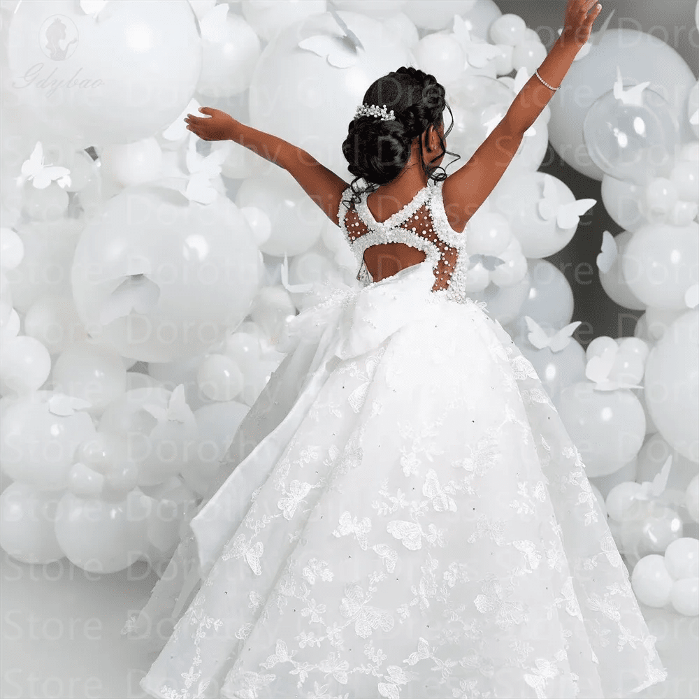 V-Neck Butterfly Pearl Flower Girl Dress - Luzilly Bridal & Apparel