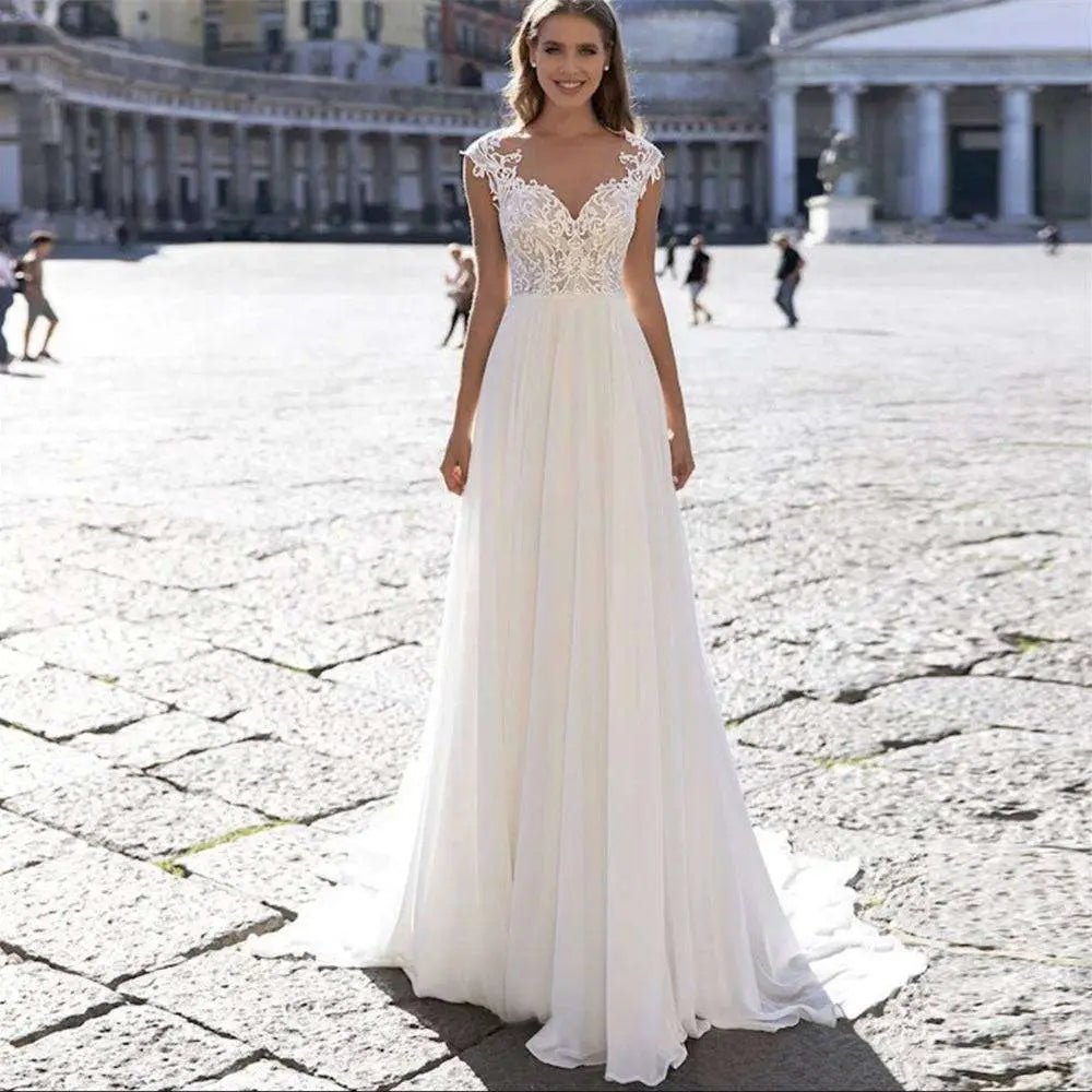 V-Neck Chiffon Wedding Dress with Lace Sleeves - Luzilly Bridal & Apparel