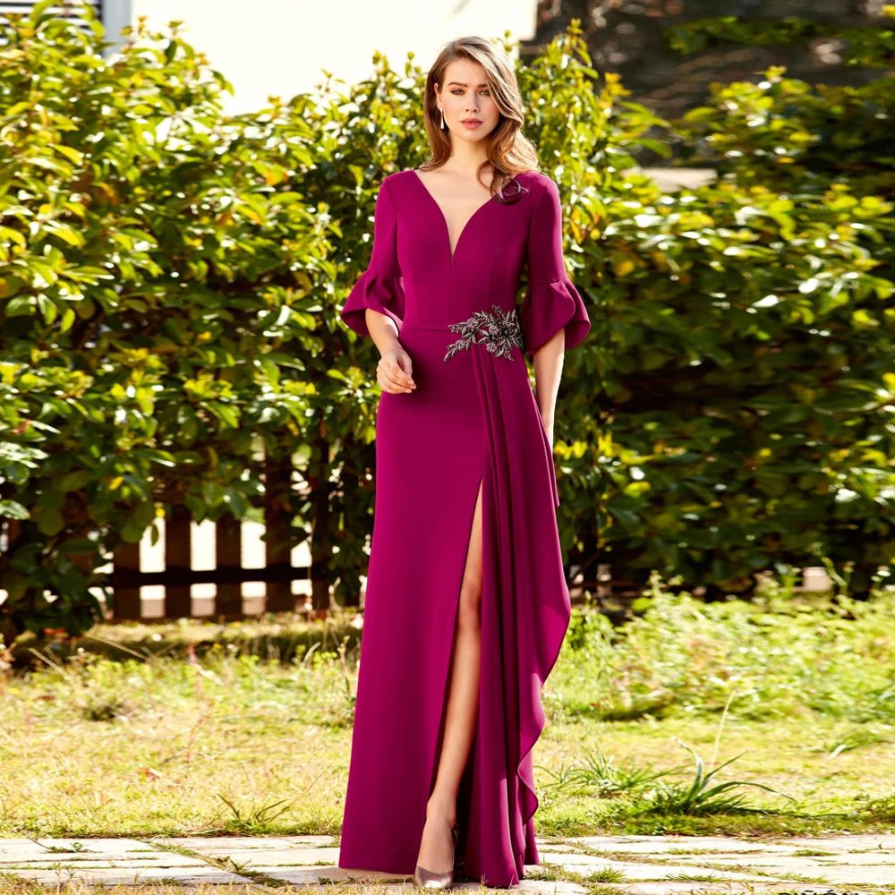 V-Neck Flare-Sleeve Appliqué Mother of the Bride Dress with Slit - Luzilly Bridal & Apparel