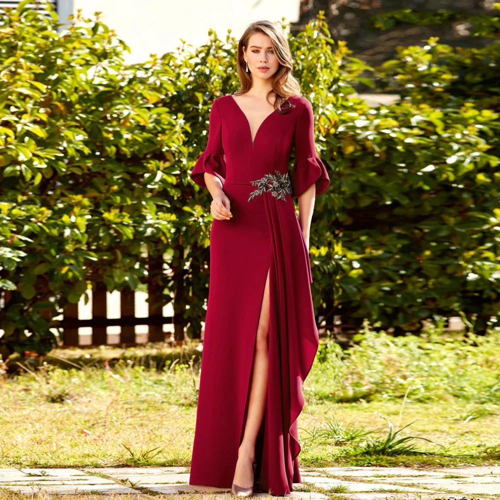 V-Neck Flare-Sleeve Appliqué Mother of the Bride Dress with Slit - Luzilly Bridal & Apparel