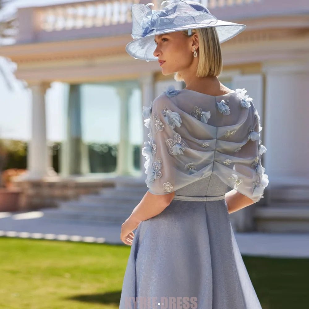 V-Neck Floral Appliqué Cape-Sleeve Mother of the Bride Dress - Luzilly Bridal & Apparel