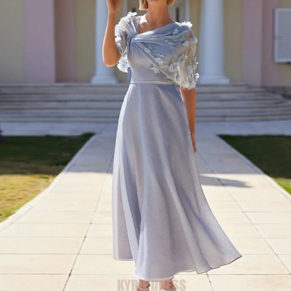 V-Neck Floral Appliqué Cape-Sleeve Mother of the Bride Dress - Luzilly Bridal & Apparel