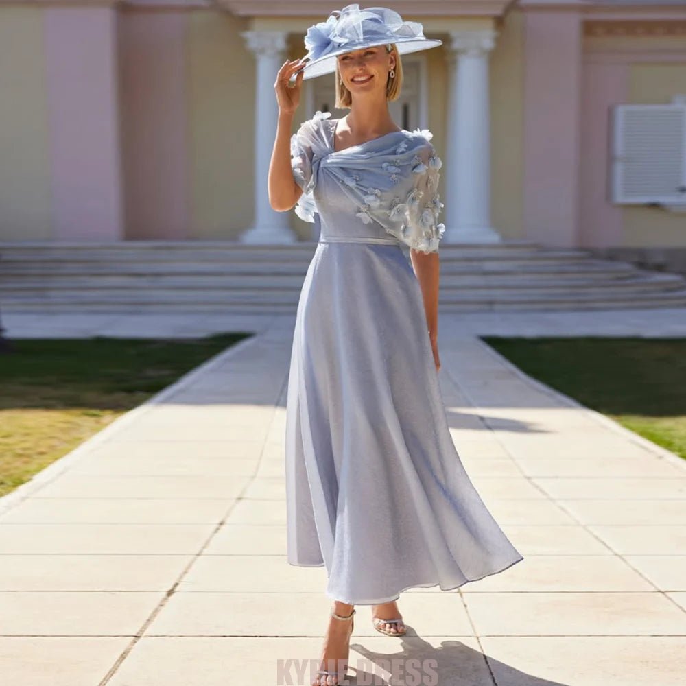 V-Neck Floral Appliqué Cape-Sleeve Mother of the Bride Dress - Luzilly Bridal & Apparel