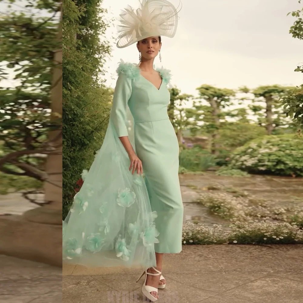 V-Neck Floral Cape Mother of the Bride Dress - Luzilly Bridal & Apparel