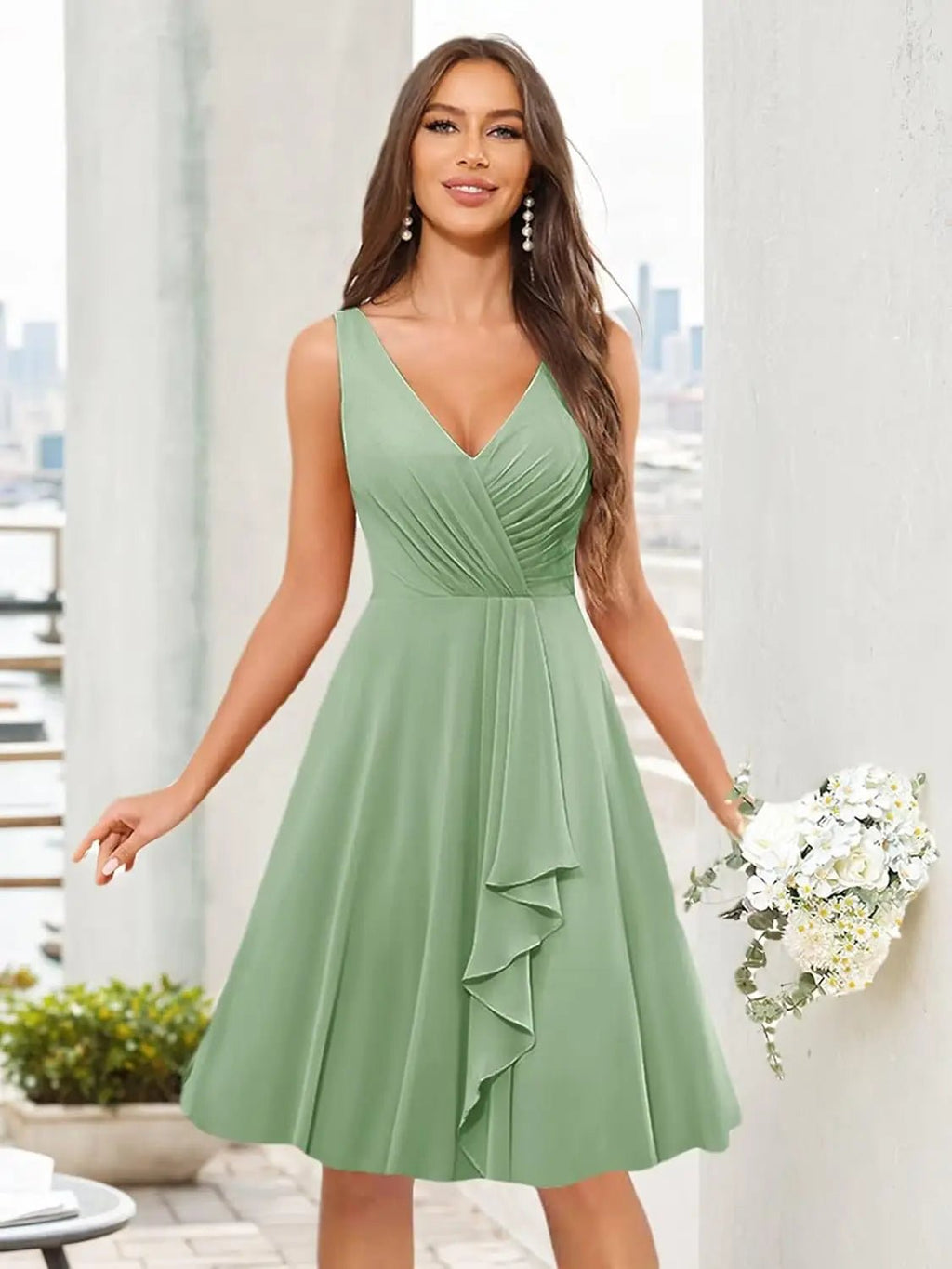 V-Neck Knee-Length Ruffled Chiffon Bridesmaid Dress - Luzilly Bridal & Apparel