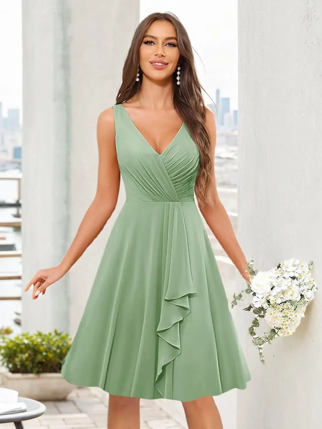 V-Neck Knee-Length Ruffled Chiffon Bridesmaid Dress - Luzilly Bridal & Apparel