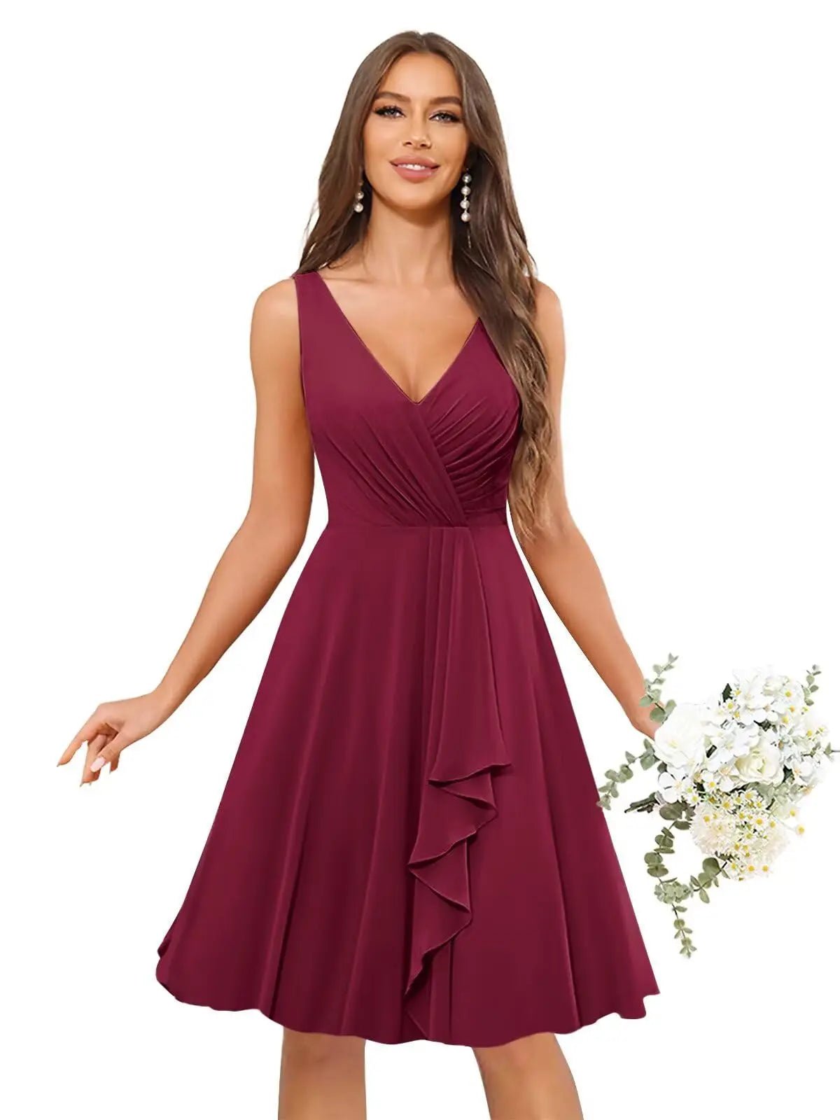 V-Neck Knee-Length Ruffled Chiffon Bridesmaid Dress - Luzilly Bridal & Apparel