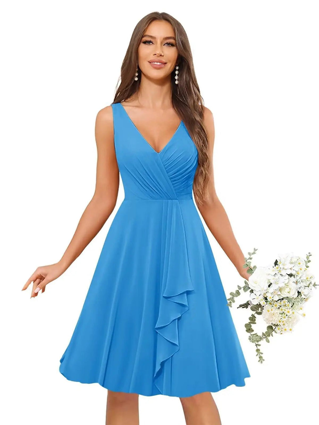 V-Neck Knee-Length Ruffled Chiffon Bridesmaid Dress - Luzilly Bridal & Apparel