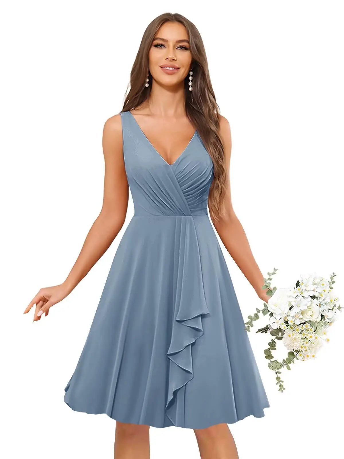 V-Neck Knee-Length Ruffled Chiffon Bridesmaid Dress - Luzilly Bridal & Apparel