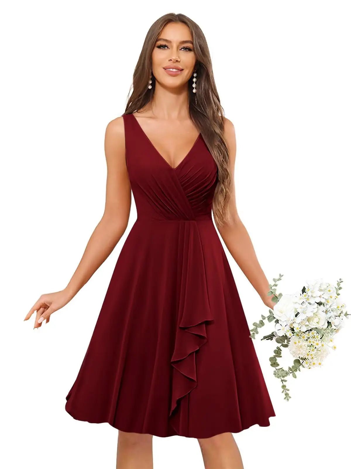 V-Neck Knee-Length Ruffled Chiffon Bridesmaid Dress - Luzilly Bridal & Apparel