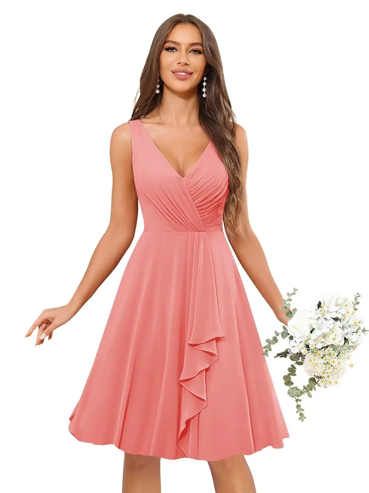 V-Neck Knee-Length Ruffled Chiffon Bridesmaid Dress - Luzilly Bridal & Apparel