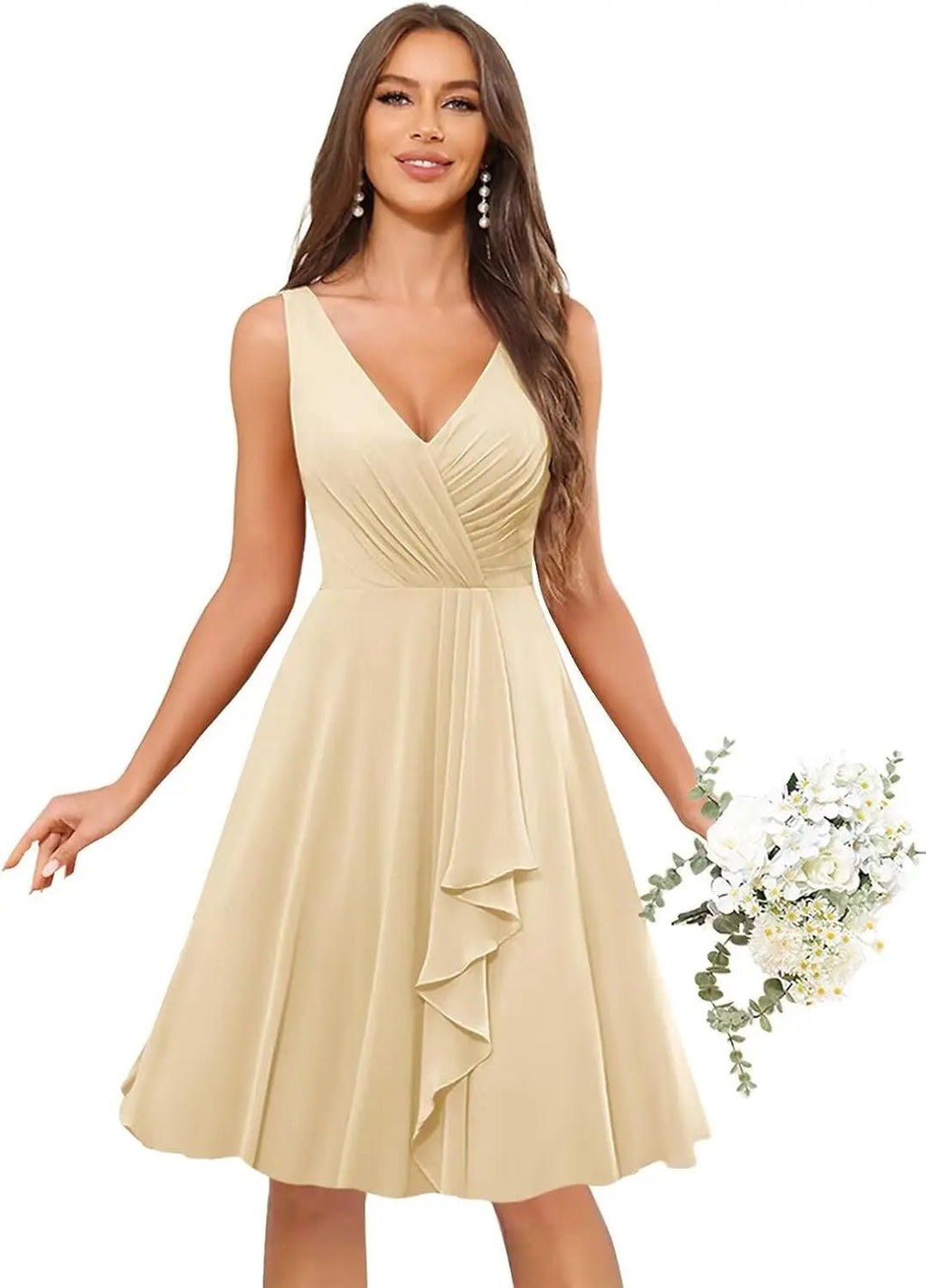 V-Neck Knee-Length Ruffled Chiffon Bridesmaid Dress - Luzilly Bridal & Apparel