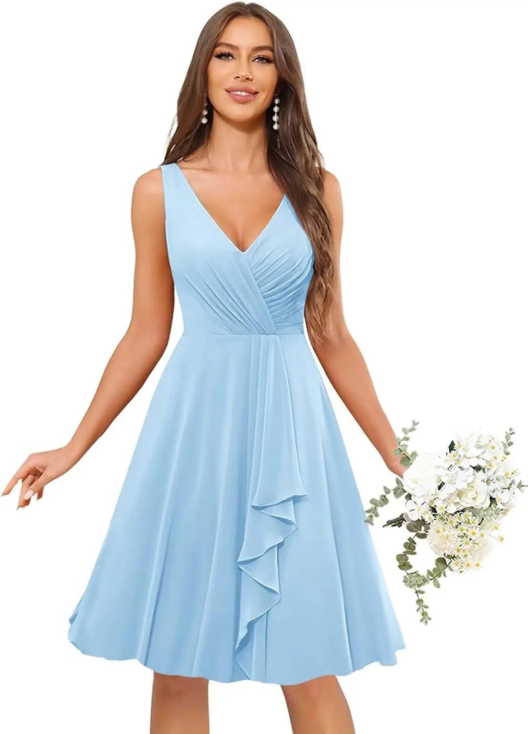V-Neck Knee-Length Ruffled Chiffon Bridesmaid Dress - Luzilly Bridal & Apparel