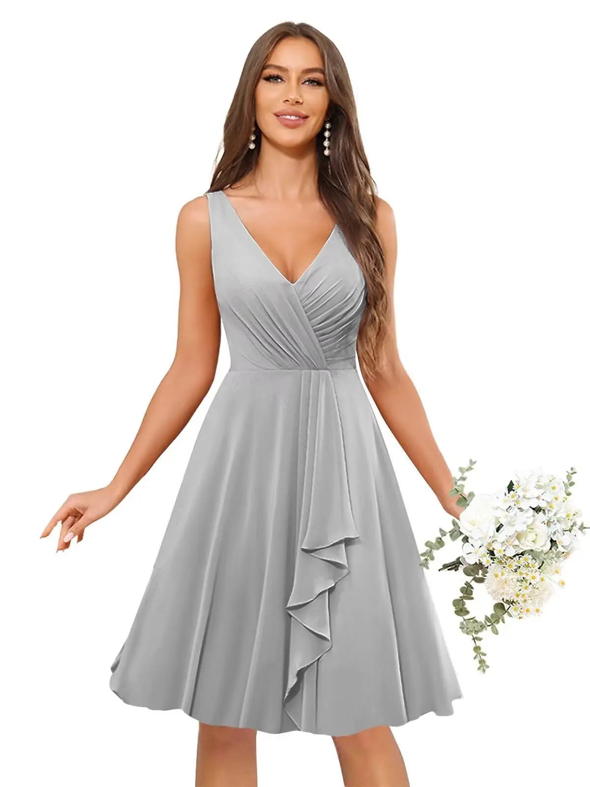 V-Neck Knee-Length Ruffled Chiffon Bridesmaid Dress - Luzilly Bridal & Apparel