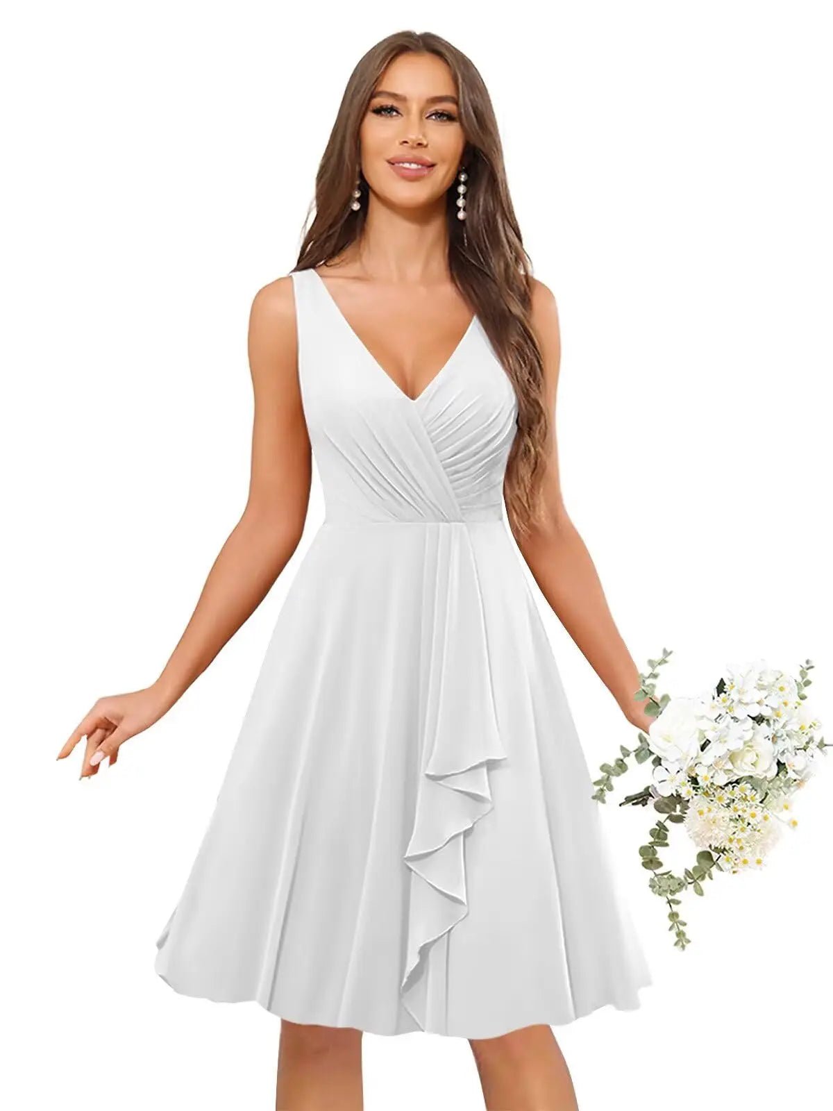 V-Neck Knee-Length Ruffled Chiffon Bridesmaid Dress - Luzilly Bridal & Apparel
